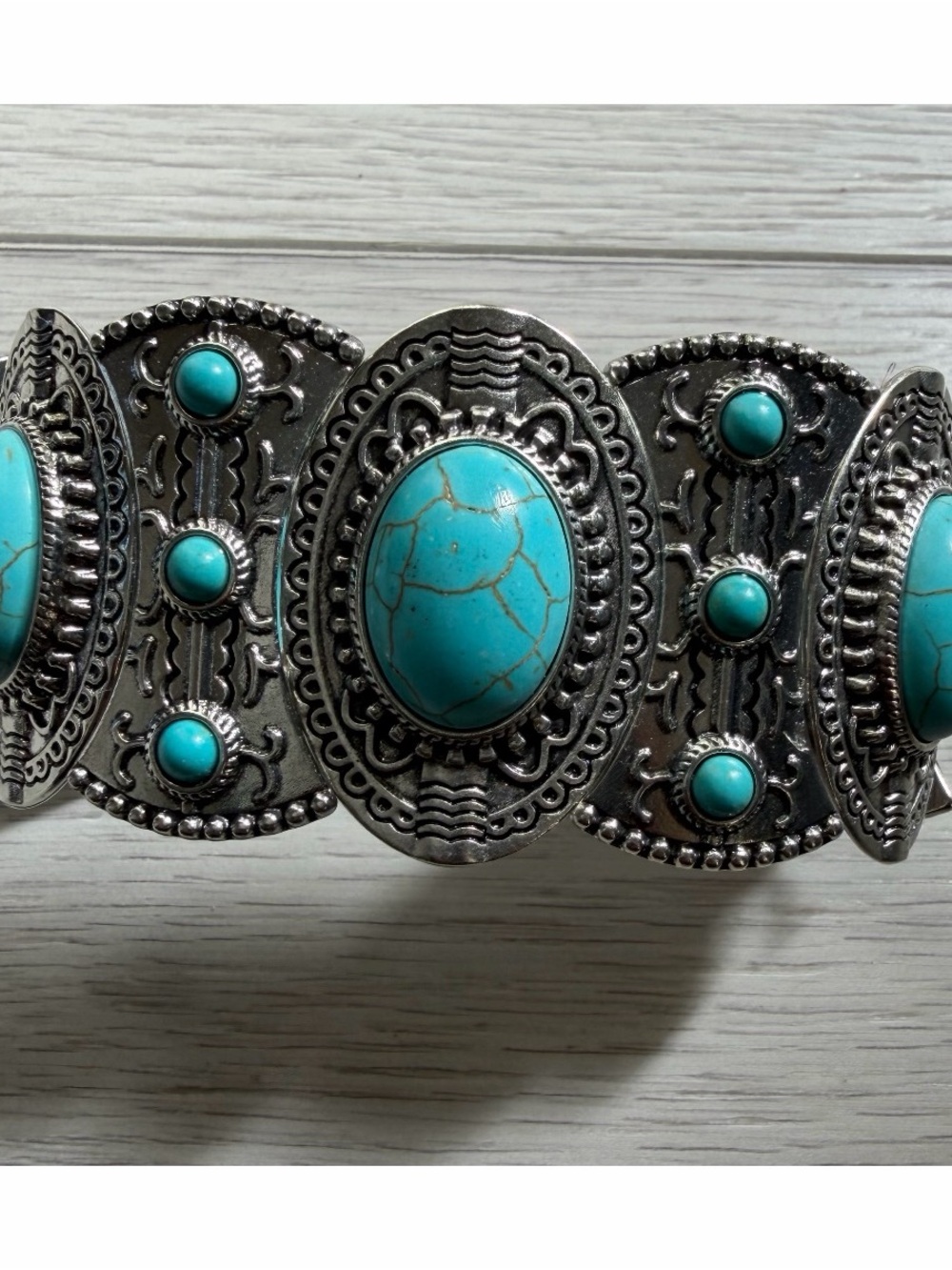 Western Cuff Bracelet imitation Turquoise Stone Silver-Tone